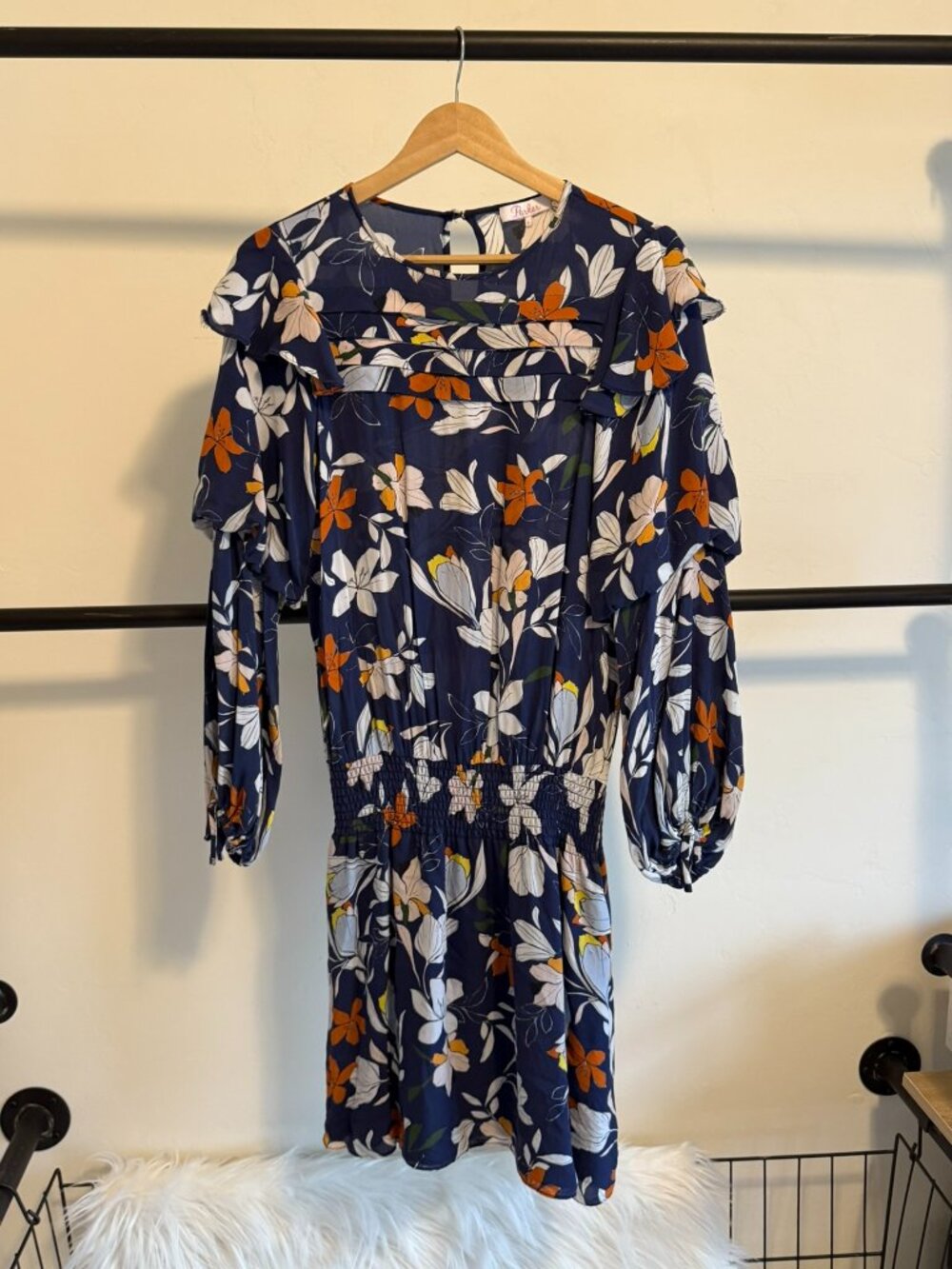 Parker Blue Pleated Floral Long Sleeve Silk Dress S